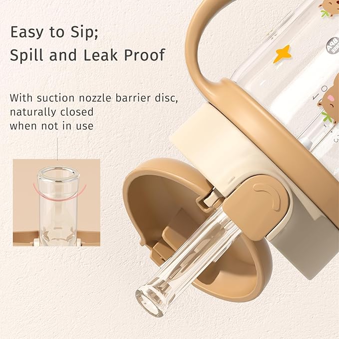 Evorie Tritan Spill Proof Toddler Straw Sippy Cup, 10 oz for Baby and Toddlers 1-3 Years Old, No Spill Straw Water Bottle with Removable Handles, Ideal for School, BPA-Free, Capybara (NEW)