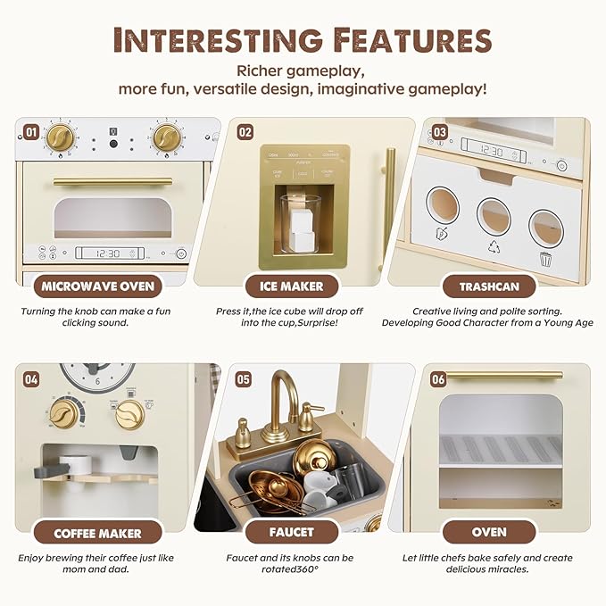 Kids Kitchen playset, Wooden Play Kitchen, Height Adjustable, Comes with Various Kitchen Accessories, Ideal Role Play Toy Gift for Toddlers and Kids Ages 3-8 (White)