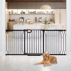 Owlie Baby Gate with Door 66-75 Inch, Extra Wide Stair Gates for Kids Adjustable Wide Dog Pet Gate Stairway Large Baby Gates Pressure Mount for Pets for House Stairway Doorway Black (30.5'' Tall)