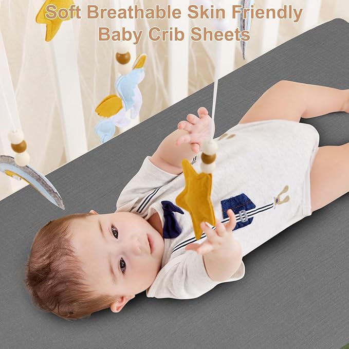 2 Pack Muslin Fitted Crib Sheets for Baby Girls & Boys-Neutral Breathable Crib Mattress Protector for Standard Crib Mattress(28"x 52")-Soft No Slip Cotton Toddler Bedding-Gray & White