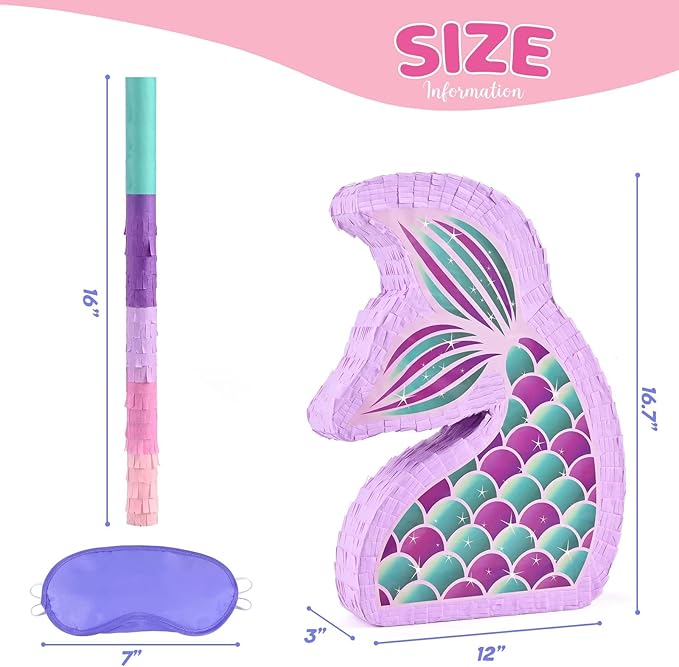 WERNNSAI Mermaid Piñata - Mermaid Party Supplies Piñata Bundle with Blindfold and Bat for Girls Kids Ocean Theme Birthday Party Game Carnival Activity Decorations (16.7" x 12.2" x 3.1")