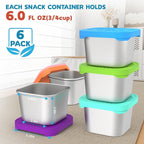 6 Pack 6oz Stainless Steel Snack Containers, Easy Open Leak Proof Stainless Steel Food Storage Containers with Silicone Lids, Small Metal Lunch Box Container for Office, Travel