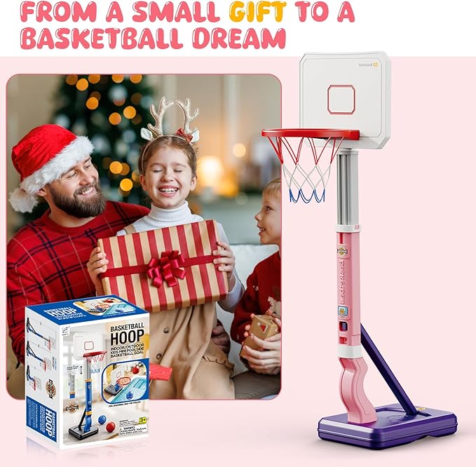 Toddler Basketball Hoop, Adjustable Height 2.3-4.5ft Baby Basketball Goal Set with 4 Balls & Pump, Backyard Poolside Basketball Toy for Boys & Girls Birthday Gift, Pink