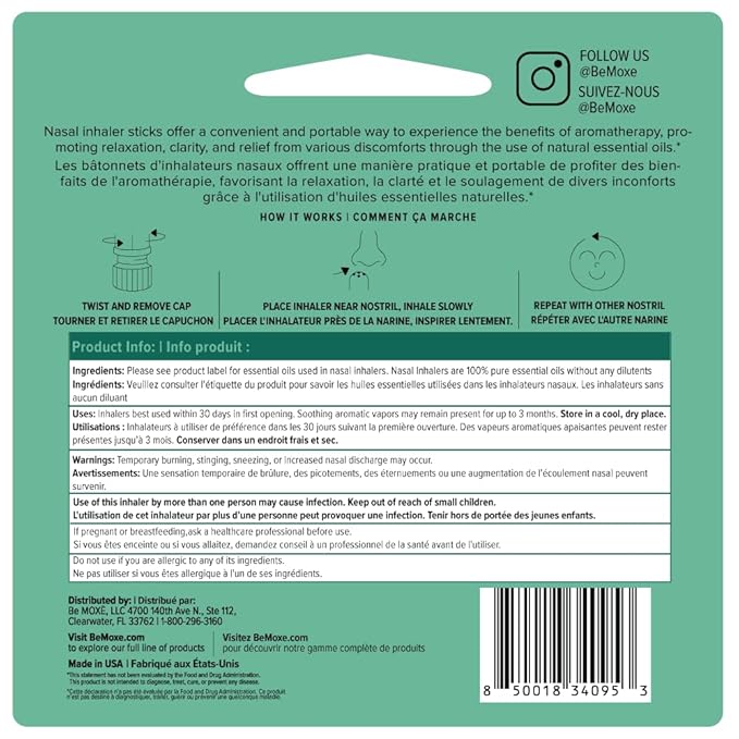 MOXĒ Eucalyptus Essential Oil Nasal Inhaler, Sinus & Congestion Relief, Daily Relaxation, Stress Relief, Therapeutic No-Mess Aromatherapy, Pure and Natural, Made in USA (3 Pack) packaging may vary