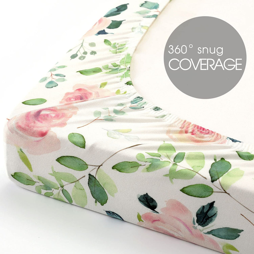 GRSSDER Stretchy Ultra Soft Jersey Knit Fitted Pack n Play Sheets Set 2 Pack, Portable/Mini Crib Sheets, Snug and Safe Playards Sheet for Baby, Pink Rose Stylish Print