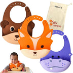 Silly Goose Set of 3 Silicone Animal Baby Bibs for Babies and Toddlers, Waterproof, Adjustable, Soft, Extra Wide Food Catcher Pocket (3PK Fox+Bear+Hippo)
