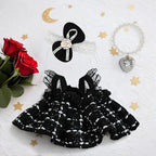 ‌Elegant Black-and-White Dress for 15cm/17cm Dolls - Strap Gown with Heart Pearl Necklace & Bow Headband/Fashion Doll Clothes Set, Accessories for Girl Doll/Perfect for Collectors, Gifts