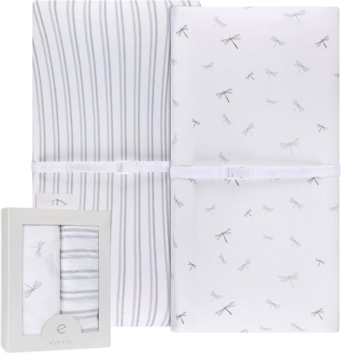 Ely’s & Co. Changing Pad Cover, Diaper Changing Table Sheets, 2 Pack, Cradle Sheet Set for Baby Boys, 100% Jersey Knit Cotton, 32”x16”x5” Blue Dragonfly + Stripe Collection