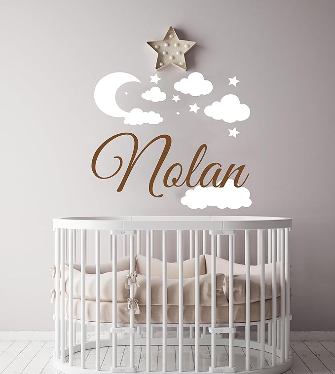 Custom Name with Moon Clouds and Stars - Nursery Baby Name Wall Art - Wall Decal for Nursery Bedroom playroom Decoration (Wide 20x20inch Height)