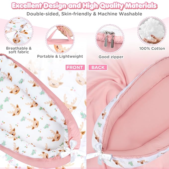 Baby Lounger - Baby Lounger for Newborn 0-24 Months, Breathable and Soft Cotton Cover Baby Nest, Portable Cozy Tummy Time Lounger for Home and Travel, Ideal Baby Essentials & Shower Gifts