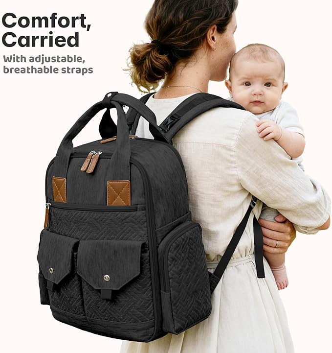 Diaper Bag Backpack - Large Diaper Bag with Portable Changing Pad as Baby Shower Gifts, Lightweight Waterproof Unisex Travel Baby Bag with 4 Insulated Pockets and Stroller Buckles, Black