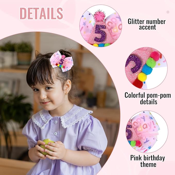 Birthday Hair Bow for Baby Girls 1 2 3 4 5 6 Year Old Sprinkle Hair Clips Happy Birthday Decorations for Girls Toddlers With Pom-Poms Ice Cream Candy Party Pink Hair Accessories for 5th Sweet Party