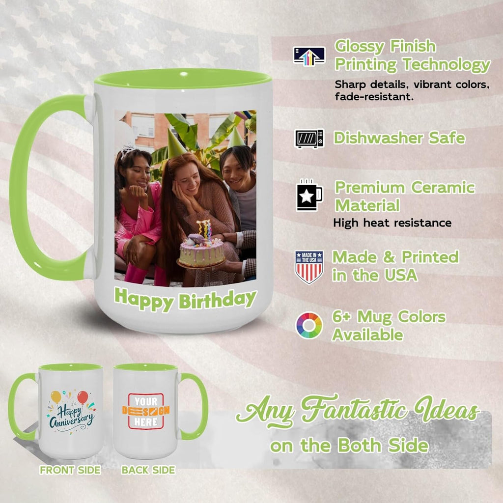 Ship Next Day Custom Mug Design Your Own Photo Text Personalized Picture Gifts for Women Men Customized Gifts Idea Personalized Coffee Mugs 15oz Light Green Handle