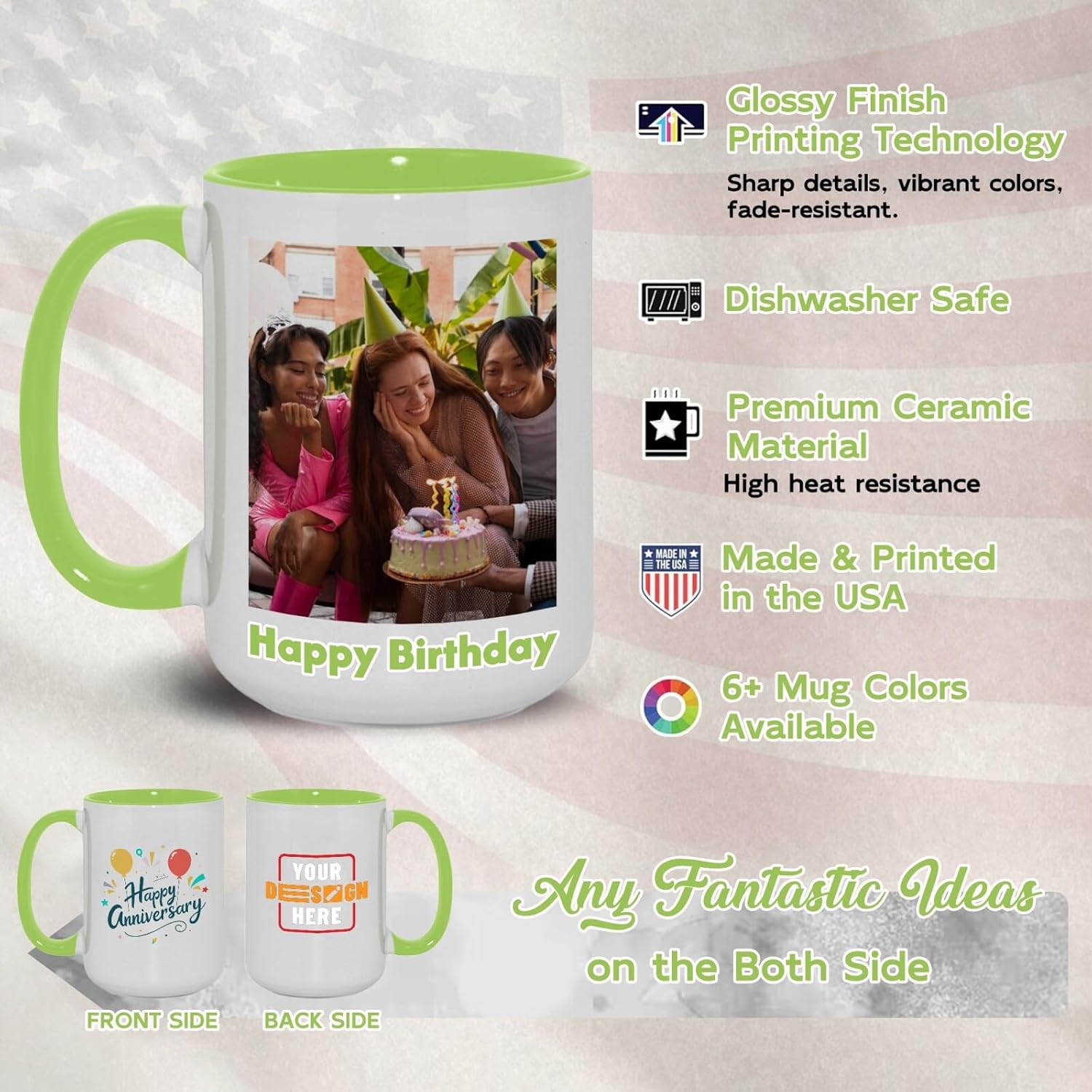 Ship Next Day Custom Mug Design Your Own Photo Text Personalized Picture Gifts for Women Men Customized Gifts Idea Personalized Coffee Mugs 15oz Light Green Handle