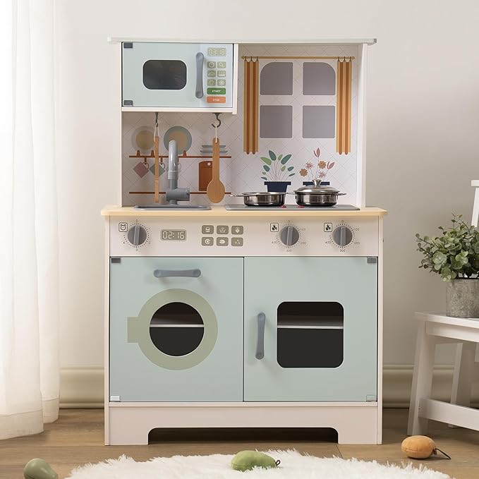 ROBOTIME Play Kitchen Set for Kids Toddlers, Wooden Kids Play Kitchen Playset with Real Lights & Sounds, Pretend Toddler Kitchen Gift for Girls Boys Age 3+