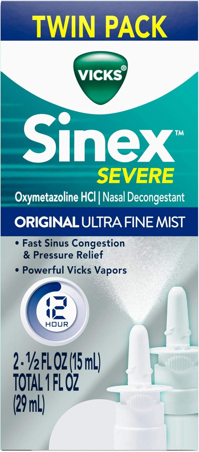 Vicks Sinex SEVERE Allergy & Sinus Nasal Spray, Original Ultra Fine Mist, Decongestant Medicine, Relief from Nasal Congestion due to Cold or Allergy, Sinus Pressure Relief, 265 Sprays x 2