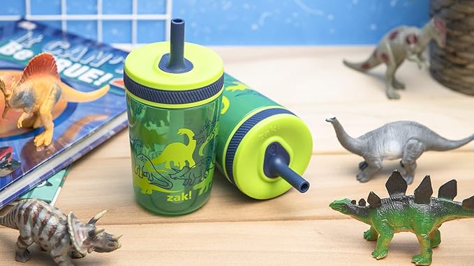 Zak Designs Dino Camo Kelso Tumbler 3pc Set, Leak-Proof Screw-On Lid with Straw, Bundle for Kids Includes Plastic and Stainless Steel Cups with Additional Sipper, 15 fluid ounces