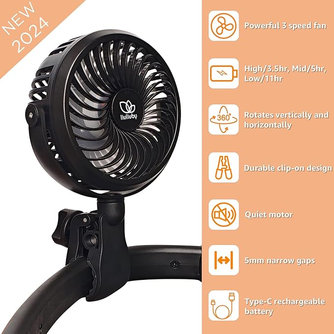 liuliuby Baby Stroller Fan with Clip | Clip On Fan for Baby Car Seat | Portable & Rechargeable with Durable Clamp | Stroller Accessories | Small Cooling USB Chargeable Battery (Jet Black)