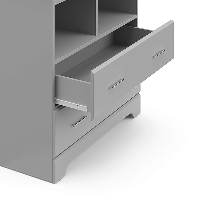 Storkcraft Brookside 2 Drawer Changing Table Dresser (Pebble Gray) – GREENGUARD Gold Certified, Easy-to-Match Chest of Drawers and Cubbies for Nursery and Kids Bedroom, Includes Changing Table Topper