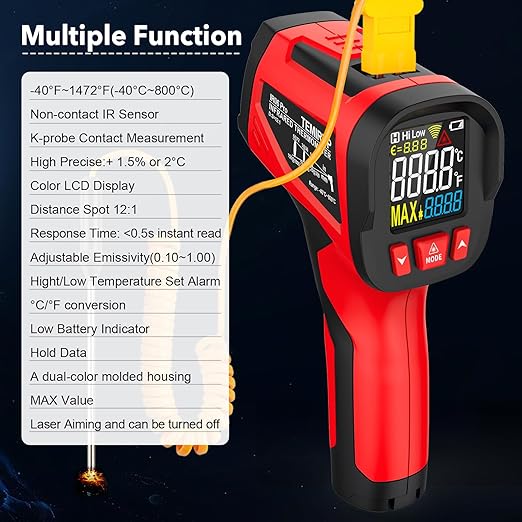 Infrared Thermometer Temperature Gun, TEMIRUP Digital Laser Temperature Gun with Probe for Cooking, Pizza Ovens, Griddles, Meat, HVAC, Non-Contact IR Temp Gun with Adjustable Emissivity, -40°F~1472℉