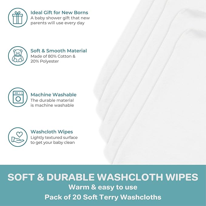 Spasilk Washcloth Wipes Set for Newborn Boys and Girls, Soft Terry Washcloth Set, Pack of 20, White