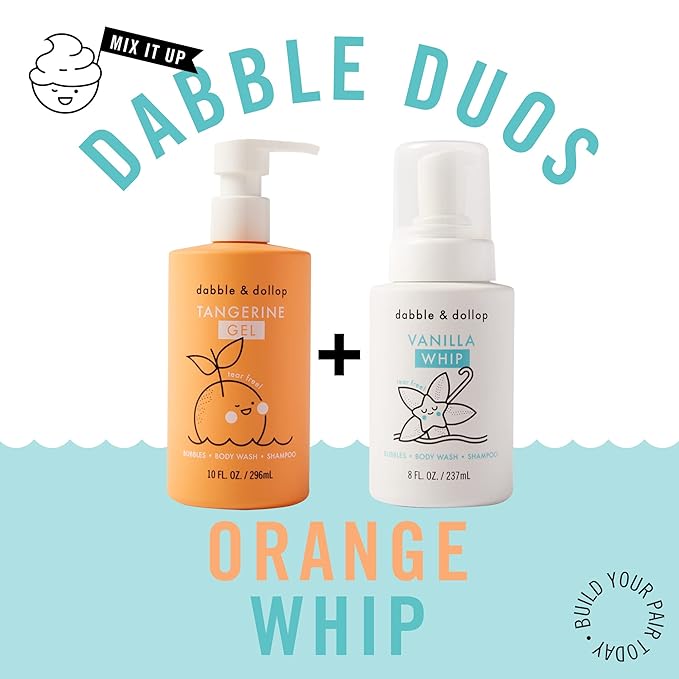 Dabble & Dollop Tangerine + Vanilla Body Wash & Shampoo – 3-in-1 Natural Bubble Bath for Kids, Made in USA, No Parabens or Sulfates, Vegan, Gluten-Free, Tear-Free (2-Pack)