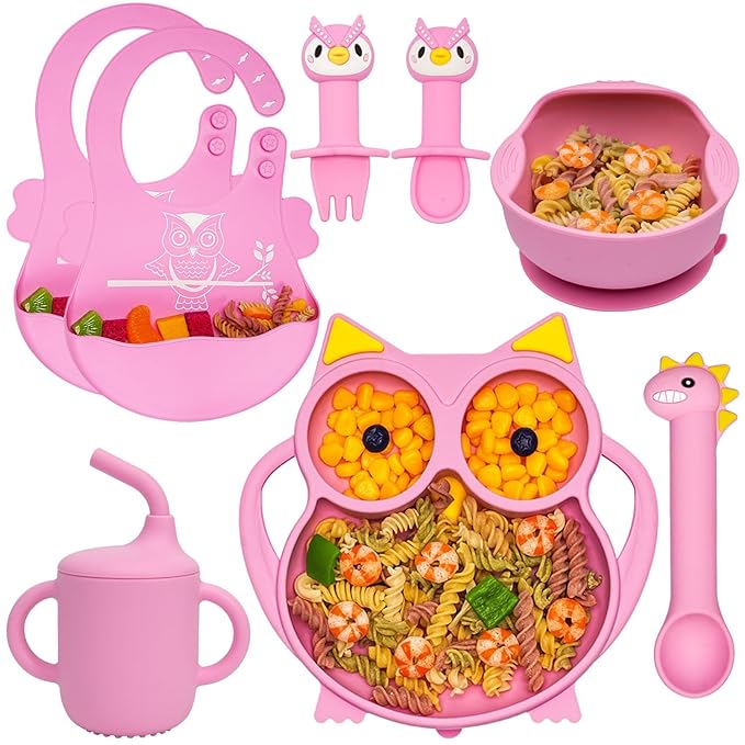 Silicone Baby Feeding Set,Baby Led Weaning Supplies Baby Silicone Suction plate and bowl set,Toddler Self Feeding Dish with Spoons Forks Sippy Cup And Adjustable Bib for 6+ Months-Pink