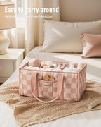 Blissful Diary Checkered Diaper Caddy Organizer, Stylish Nursery Storage Basket, Gift for Baby Shower, Newborn Essentials, Registry Search Must Haves, Pink