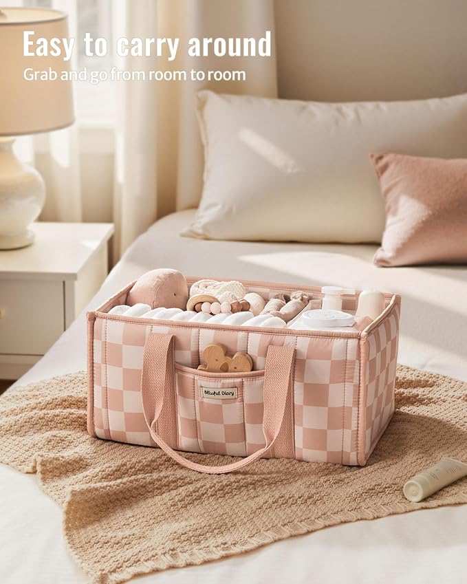Blissful Diary Checkered Diaper Caddy Organizer, Stylish Nursery Storage Basket, Gift for Baby Shower, Newborn Essentials, Registry Search Must Haves, Pink