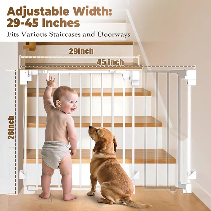 29-45" No Bottom Bar Baby Gates for Stairs, 28" Extra Tall Child Safety Gate with Auto Close Large Walk Thru Door, Hardware Mount Dog Gate Pet Gate for The House Doorways, Indoor Outdoor use