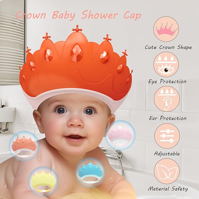 Baby Shower Cap Shield, Baby bath set shower cap, Visor Hat for Eye and Ear Protection for 0-9 Years Old Children,Cute Crown Shape Makes the Baby Bath More Fun (Red)