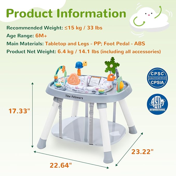 Time Followers® 6-in-1 Baby Activity Center | Jumpers and Bouncers | 4 Stage Grow Stationary Standing Toddler Play Table | Shower Gift | Infant Essential for Baby Ages 6-36Month (Grey)