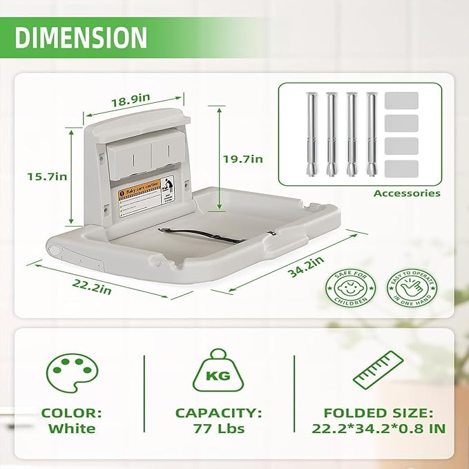 BELZAR Wall Mounted Baby Changing Station - Horizontal Baby Foldable Wall Mounted Changing Table with Safety Strap Paper Holder for Commercial Bathrooms, ADA Complaint White Gray