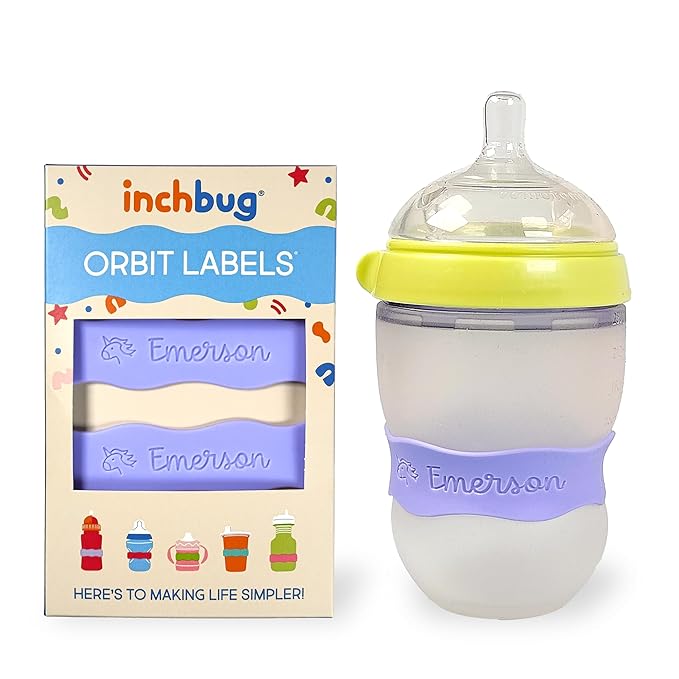 InchBug Orbit Labels Baby Bottle and Water Bottle Silicone Name Bands – Personalized Reusable Label Set for Daycare, Sippy Cups, Preschool, Elementary School, Dishwasher Safe, 4-Pack (Lavender Gelato)