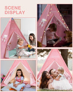 Teepee Tent for Kids with Inflatable Airbed, String Lights, Balloons, Pump, Washable Slumber Party Tent Indoor Outdoor for Girls Boys, Children Tipi Playhouse for Playtime and Sleepover