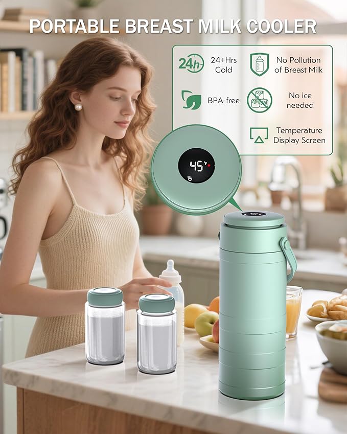 Portable Breast Milk Cooler for Outdoors, 360° All-Round Cooling Keeps Milk Fresh for 24 Hours, 22oz Large Capacity Breastmilk Chiller with 2pcs BPA-Free Bottle for Breastmilk Storage