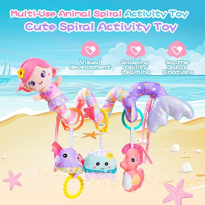 Koty Carseat Toys Hanging, Pink Mermaid Stroller Toys for Babies 0-6 Months, Baby Car Seat Toy with Crinkle, Teether, Music Box, Rattle, BB Squeaker for Babies Boys Girls Gifts (Pink Mermaid)