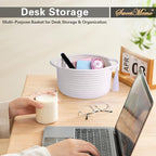 Empty Gift Basket Mini Woven Rope Organizer Baskets for Baby Shower, Vanity, Makeup, Bathroom, Tiny Toys, Desk - Small Decorative Storage Bins - Set of 2, Pre-Shaped, White