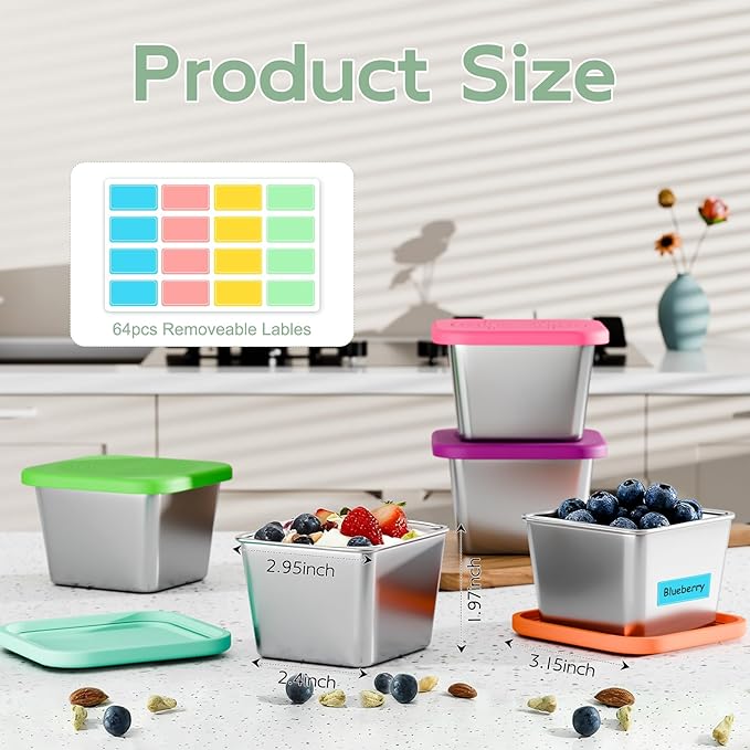 6-Pack 6oz Stainless Steel Snack Containers for Kids, Leak-Proof Metal Toddler Food Storage Containers with Silicone Lids & 64 Writable Labels, Stackable Lunch Box for School, Office, Picnic, Home
