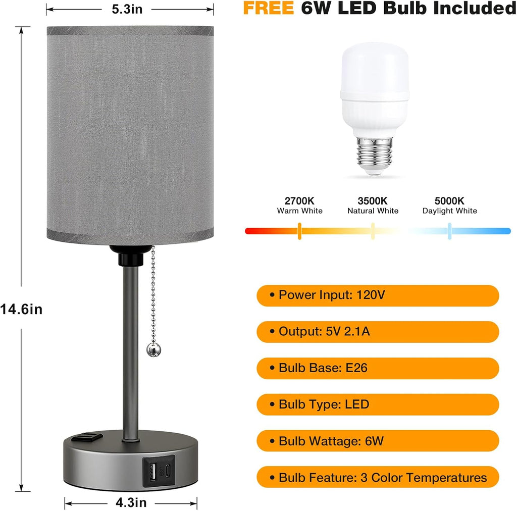 Small Bedside Table lamp for Bedroom - 3 Color Temperatures Bedside Lamps with USB Ports for Housewarming, Pull Chain Table Lamps with AC Outlet, Nightstand Lamps for Kids Reading