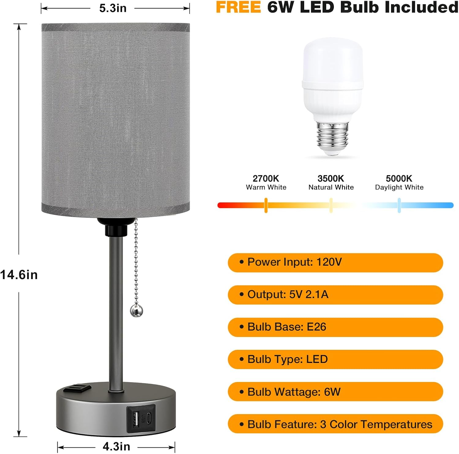 Small Bedside Table lamp for Bedroom - 3 Color Temperatures Bedside Lamps with USB Ports for Housewarming, Pull Chain Table Lamps with AC Outlet, Nightstand Lamps for Kids Reading