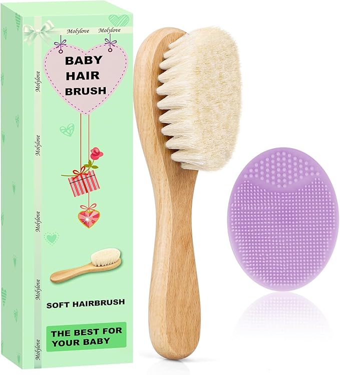 Baby Hair Brush and Purple Cradle Cap Brush Set for Newborns and Toddlers, Wooden Baby Hair Brush Set with Soft Goat Bristle, Baby Hair Care Kit 2PCS