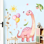 Large Pink Dinosaur Wall Decals Cartoon Dino Balloon Flower Wall Stickers Peel and Stick Wall Art Decor for Girls Baby Nursery Kids Bedroom Playroom Classroom Toddlers Wall Decor
