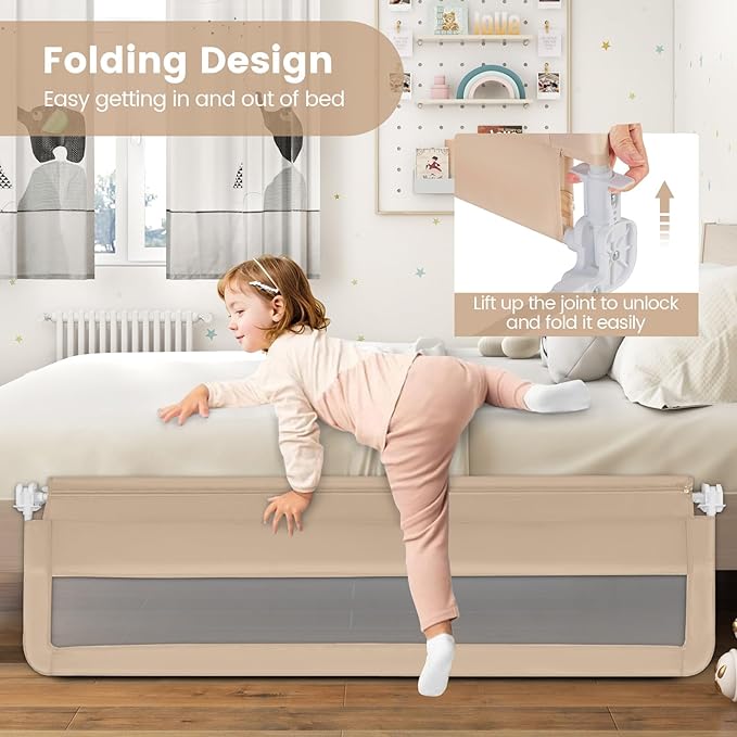 HONEY JOY Bed Rail for Toddlers, 71-in Extra Long, Portable Safety Bed Guardrail w/Double Safety Child Lock, Foldable Baby Bed Rail Guard, Fit King & Queen Full Twin Size Bed Mattress(Beige, Pack 2)