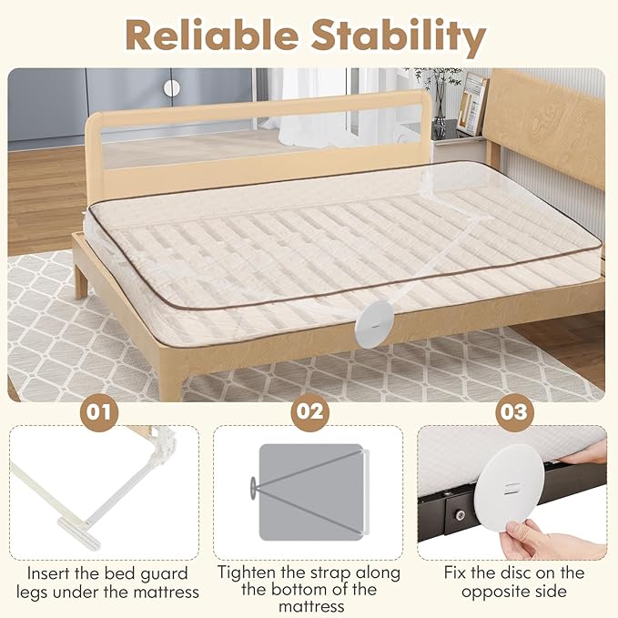 Costzon Bed Rail for Toddlers, 2 PCS Extra Long Swing Down Safety Bed Guards w/Straps for Convertible Crib, Kids Twin, Double, Full Size, Queen & King Bed, Folding Bed Rails for Baby (71-Inch, Beige)
