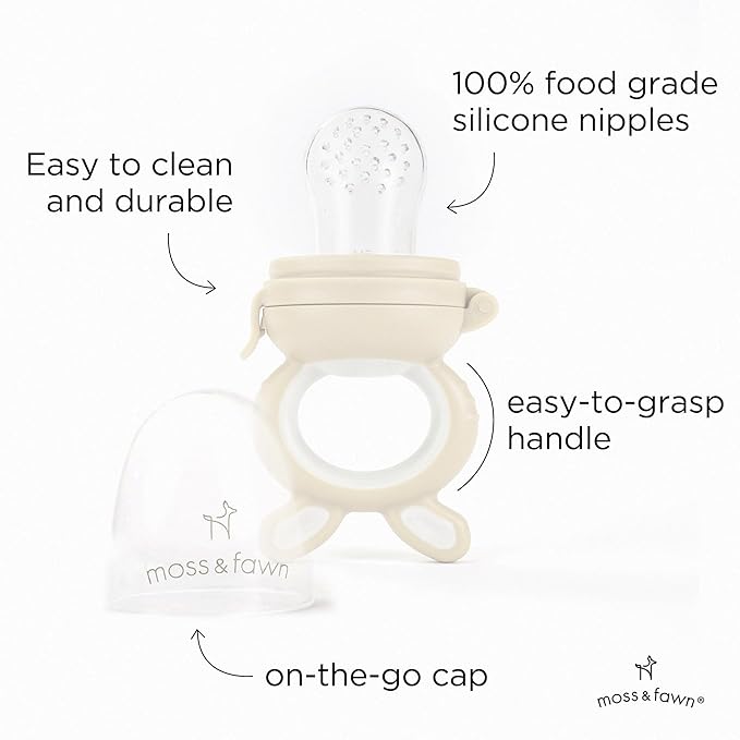 Moss and Fawn Little Explorer Kit - Silicone Frozen Breast Milk Popsicle Kit with Forage Feeder, Teething Popsicle Ice Cube Tray, & Gather & Roll Baby Feeding Bib - BPA, PVC, & Lead-Free - Ecru