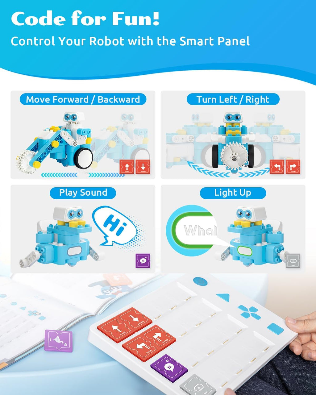 WhalesBot C3 Pro 12-in-1 Remote Control & Coding Robot Kit for Kids 4+, Advanced Smart Panel & Cards Programming, Educational STEM Toy, Block Building Set with Controller & Motor for Kids 4-6, 5-7