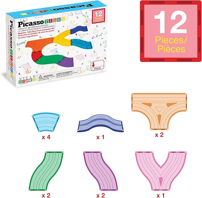 PicassoTiles 12pcs Race Track Add-On Magnetic Railway 5Styles Building Block Set Magnet Tiles Construction Toy STEM Learning Early Education Toys Blocks Child Brain Development for Kids Age 3+ PTR12