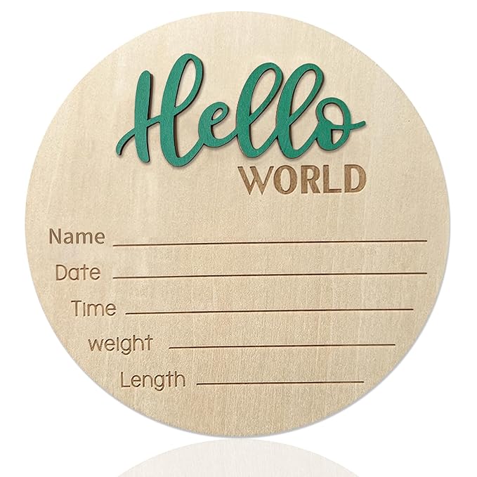 Baby Announcement Sign, 5.9 Inch Wooden Hello World Newborn Sign, Birth Announcement, Baby Shower Hospital Nursery for Newborn Boys and Girls (Green)