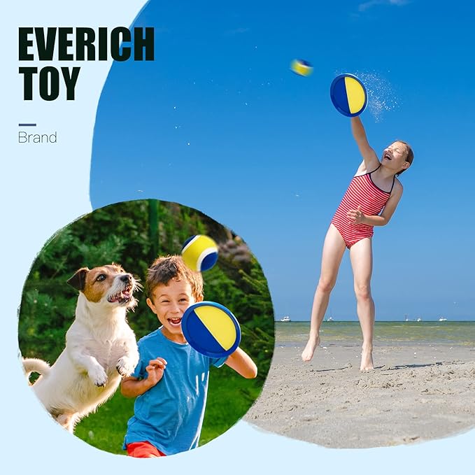 EVERICH Upgraded Toss and Catch Ball Game Set - Indoor and Outdoor Games for Kids 3-12, Beach Sand Pool Water Toy Includes 4 Paddles 4 Sticky Balls, Great Birthday Easter Gifts for Boys Girls